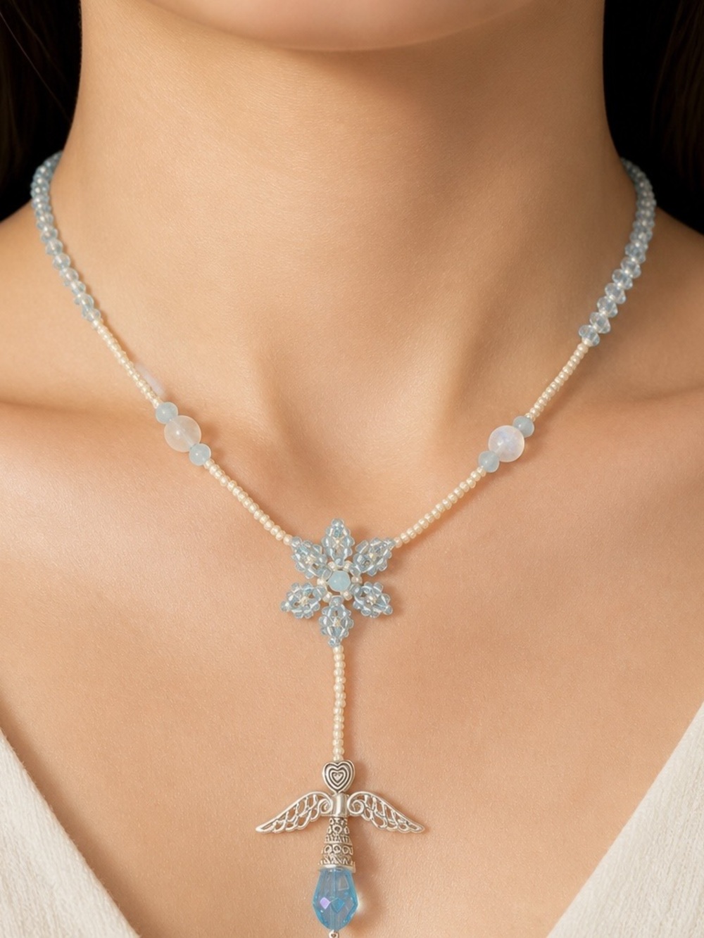 Delicate Light Blue Beaded Angel Pendant Necklace